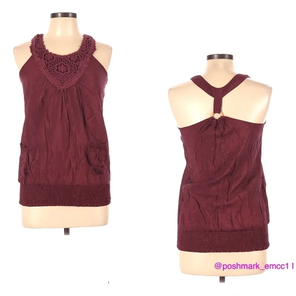 Mine Sleeveless Y Back Floral Crochet Lace Blouse Shirt Tank Top Burgundy Maroon